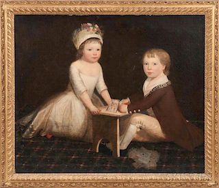 English School, Late 18th Century      Portrait of Two Children Playing Cards