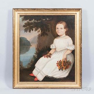Attributed to Hannah Fairfield (Connecticut, 1808-1894)      Portrait of a Girl in a White Dress Holding a Basket of Strawber