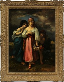 NARCISSE VIRGILE DIAZ DE LA PENA (FRENCH, 1807-1876), OIL ON BOARD, H 34", W 26", "LES SEDUCTIONS FEMININES" 