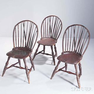 Set of Three Brown-painted Braced Bow-back Windsor Side Chairs