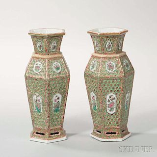 Pair of Hexagonal Rose Mandarin Export Porcelain Vases