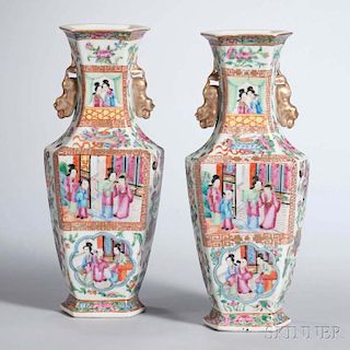 Pair of Rose Mandarin Export Porcelain Vases