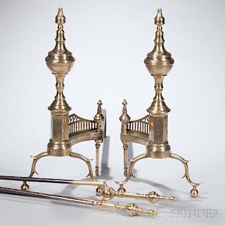 Pair of Brass and Iron Urn-top Andirons with Matching Tools