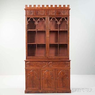 Carved Mahogany and Mahogany Veneer Glazed Desk/Bookcase