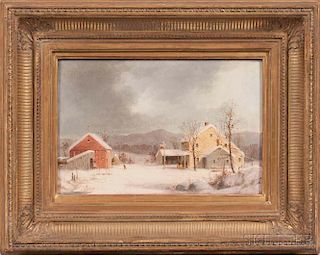George Henry Durrie (Connecticut, 1820-1863)      Winter Landscape with Yellow Salt-box Farmhouse and Barn