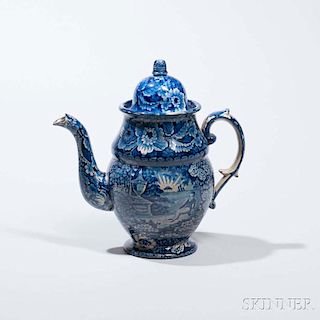 Staffordshire Historical Blue Transfer-decorated Lafayette at Franklin's Tomb Coffeepot