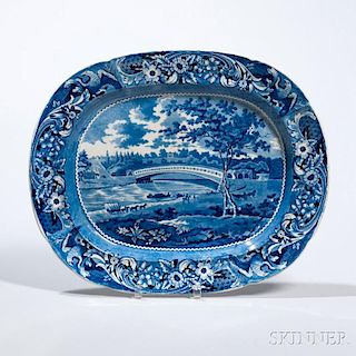 Staffordshire Historical Blue Transfer-decorated Upper Ferry Bridge Over the River, Schuylkill, Platter