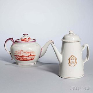 Staffordshire Transfer-printed Teapot, and Chinese Export Porcelain Armorial Coffeepot