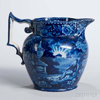 Staffordshire Historical Blue Transfer-decorated Lafayette at Franklin's Tomb Pitcher