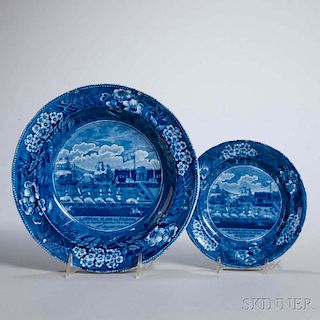 Two Staffordshire Historical Blue Transfer-decorated Landing of Lafayette Plates