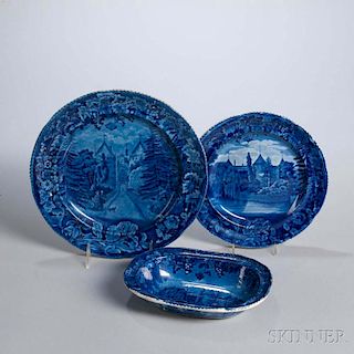 Three Staffordshire Historical Blue Transfer-decorated La Grange, The Residence of the Marquis Lafayette, Table Items