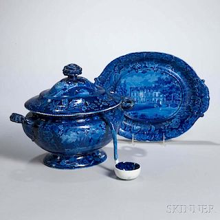 Staffordshire Historical Blue Transfer-decorated La Grange, The Residence of the Marquis Lafayette Tureen