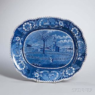 Staffordshire Historical Blue Transfer-decorated Winter View of Pittsfield, Massachusetts, Platter
