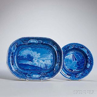 Two Staffordshire Historical Blue Transfer-decorated Niagara Falls Table Items