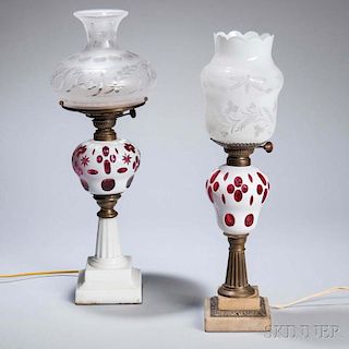 Two Red and White Overlay Lamps with Shades