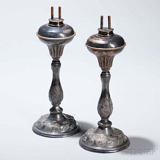 Pair of Silvered Pewter Fluid Lamps