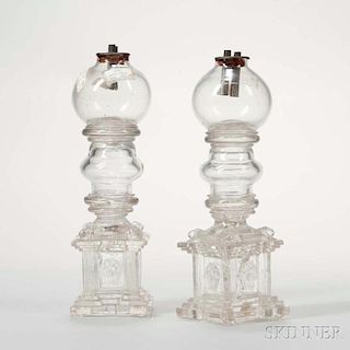 Pair of Colorless Free-blown Globe Lamps with Pressed Glass Lion Head and Basket of Flowers Bases