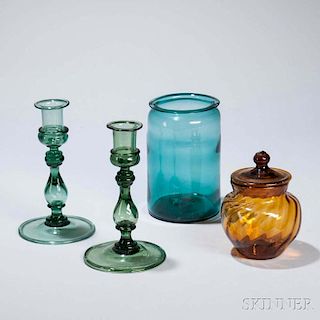 Pair of Blown Green Glass Candlesticks, a Green Jar, and an Amber Covered Jar