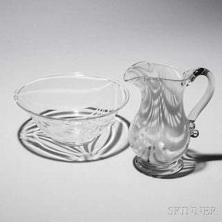 Colorless and White-banded Glass Pitcher and Bowl