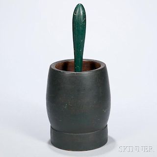 Turned and Green-painted Mortar and Pestle