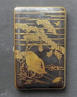 Inlaid gold in iron cigarette case bearing a scene of Miyajima Island in Aki, Hiroshima by Komai