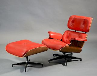 20th C. red leather and teak chair and ottoman