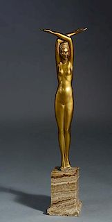 French Art Deco bronze nude female figure on marble plinth
