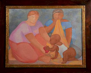 Oil on canvas, woman with child, signed Munoz 58, 26" x 33"