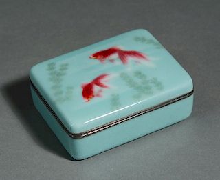 Fine Japanese wireless cloisonné covered box with red carp and underwater vegetation