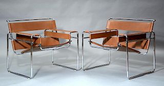 Pair of 20th C. chrome and leather armchairs Wassily style, no marking