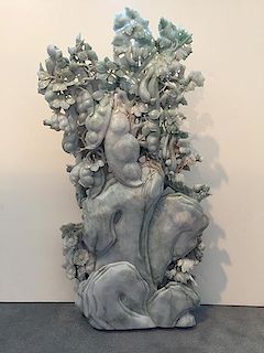 Carved Jadeite Sculpture of Chrysanthemum vine, bird and bug motifs