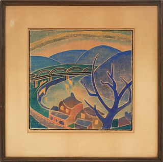 BLANCHE LAZZELL (AMERICAN 1878–1956) WOOD CUT ON PAPER H 11 5/8" W 12": "THE MONONGAHELA II" 
