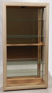 PHILIP REINISCH CO WOOD AND GLASS LIGHTED MIRRORED CABINET H 6'8" W 3'5" D 1'3" 