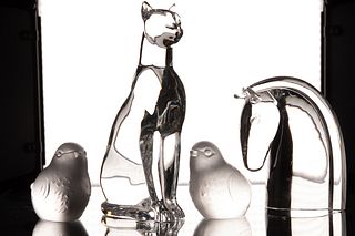 BACCARAT CRYSTAL CAT AND 2 BIRDS,ALSO STEUBEN HORSE,  H 6"