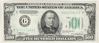 $500 DOLLAR 1934 SERIAL #G-00127049A TREASURER JULIAN, SECRETARY MORGENTHAU, FEDERAL RESERVE NOTE H 3" W 6.5" 