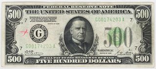 U.S. $500.DOLLAR 1928 SERIAL #G00174203A U.S.TREASURER: WOODS, SECRETARY MELLON, FED-RESERVE PAPER CURRENCY NOTE W 3", L 6.5"
