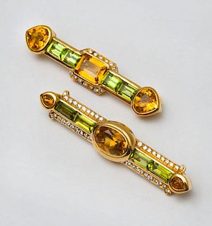 TWO 18K GOLD, CITRINE AND PERIDOT BAR BROOCHES