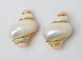 PAIR OF SEAMAN SCHEPPS 18K GOLD, TURBO SHELL AND PINK CORAL EARCLIPS