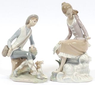 LLADRO PORCELAIN FIGURINES, TWO, H 9.5" & 7 3/4" W 5" & 6" YOUNG WOMAN AND YOUNG MAN