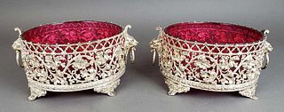 Pair of European Silverplated and Cranberry Glass Bowls