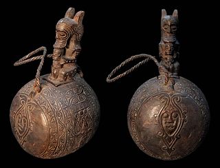African Hand Carving Coconut Shell Flask with Figural Lid