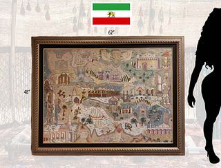 Iran, Tabriz Hand Knotted Silk Large Persian Rug ' Map Of Iran '