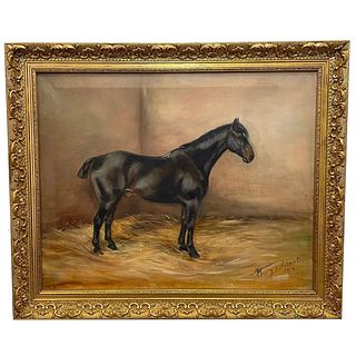 PORTRAIT OF A BLACK BAY HUNTER HORSE OIL PAINTING
