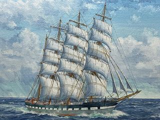 BARQUE SHIP SAILING BY CLYDE ESTUARY OIL PAINTING
