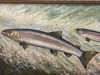 TWO SALMON FISH LEAPING UPSTREAM OIL PAINTING