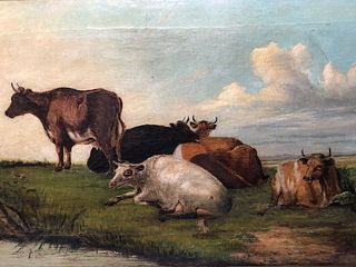CATTLE IN A WATER MEADOW OIL PAINTING