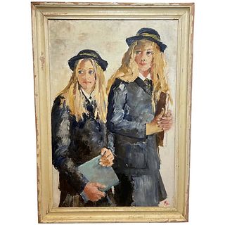 PORTRAIT OF TWO SCHOOL GIRLS OIL PAINTING