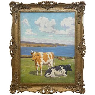CATTLE BY THE COAST OIL PAINTING
