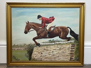 CHAMPION HORSE & RIDER MR HARVEY SMITH ON MATTIE BROWN OIL PAINTING