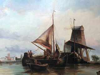 FISHING BOATS IN HARBOUR OIL PAINTING